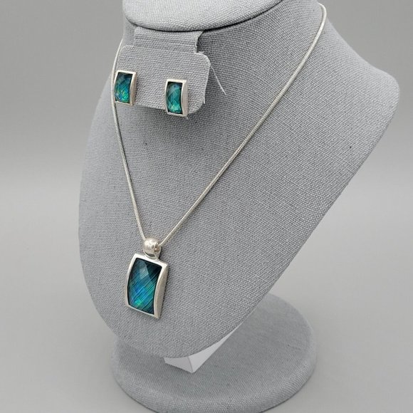 KC Blue Stone Rectangle Pendant Necklace Earrings Fashion Set Blue Silver Tone - Picture 3 of 12